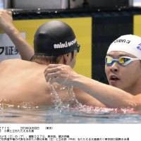 Didn\'t make the cut: Kosuke Kitajima (right) missed out on a spot in the 100 at the world championships with a third-place finish at the Japan nationals on Wednesday. | KYODO
