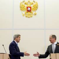 U.S. Secretary of State John Kerry and Russian Foreign Secretary Sergey Lavrov wrap up a news conference at the presidential residence of Bocharov Ruchey in Sochi, Russia, on Tuesday. | REUTERS