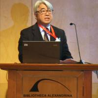 Kiyoshi Kodera, president of Japan International Cooperation Agency, speaks at a ceremony marking the Egypt-Japan University of Science and Technology\'s fifth anniversary on Wednesday in Alexandria. | KYODO