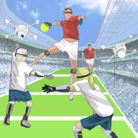 A rendering shows how people might play “Super Human Handball,” with wearable devices expanding their physical abilities while drones feed them third-person views of the game. | SUPERHUMAN SPORTS SOCIETY
