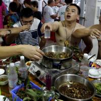 People toast over a dog meat dish at a dog meat restaurant during the local dog meat festival in Yulin, China, on Monday. | REUTERS