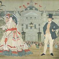 Kyosai Kawanabe\'s \"In Front of the Paris Opera (a scene from \'The Strange Tale of the Castaways: A Western Kabuki\' by Mokuami Kawatake)\" (1879) | TOKYO GAS, GAS MUSEUM