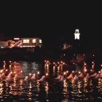 The Minamiboso <em>ama</em> divers carry their lit torches into the landing dock near the Nojimazaki Lighthouse during last year’s Ama Matsuri | TOM HANAWAY