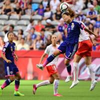 Kozue Ando heads the ball during Japan\'s 1-0 win over Switzerland at the Women\'s World Cup on Monday. | USA TODAY / REUTERS