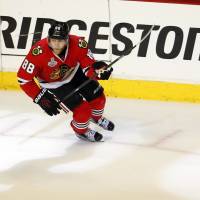Chicago’s Patrick Kane celebrates after scoring in Game 6 of the Stanley Cup finals against the Lightning. Blackhawks brass already building for future
