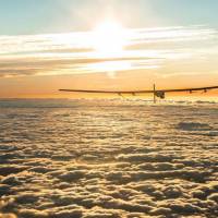 Solar Impulse 2, seen in this photo posted to the Solar Impulse Twitter account @solarimpulse, was to land in Nagoya, organizers said Monday, after bad weather delayed a landmark attempt by the solar-powered plane to cross the Pacific Ocean without a drop of fuel. | SOLARIMPULSE2