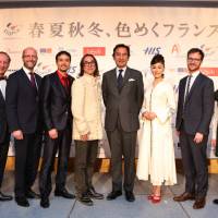 Actress Mao Daichi (fourth from right) and designer Yasumichi Morita (fifth from left) were appointed as new ambassadors of friendship for Destination France 2015 by French Ambassador to Japan Thierry Dana (sixth from left). Atout France, France’s Tourism Development Agency, launched a new campaign for the Destination France 2015 in Tokyo on March 24. The tag line of the campaign ‘‘Shunka Shuto Iromeku France’’ illustrates the richness and variety of cultural and gastronomic activities, events, landscapes and discoveries in each season and in all regions of France. Partners of the campaign, from left, Kenichiro Sasaki (HIS), Philippe Sauzedde (Laurent Perrier), Frederic Meyer (Atout France), Yann Gahier (Baccarat), Jean-Eudes de La Breteche (Air France), Claire Thuaudet (French Institute of Japan) and Chihiro Seki (Galeries Lafayette). | ATOUT FRANCE