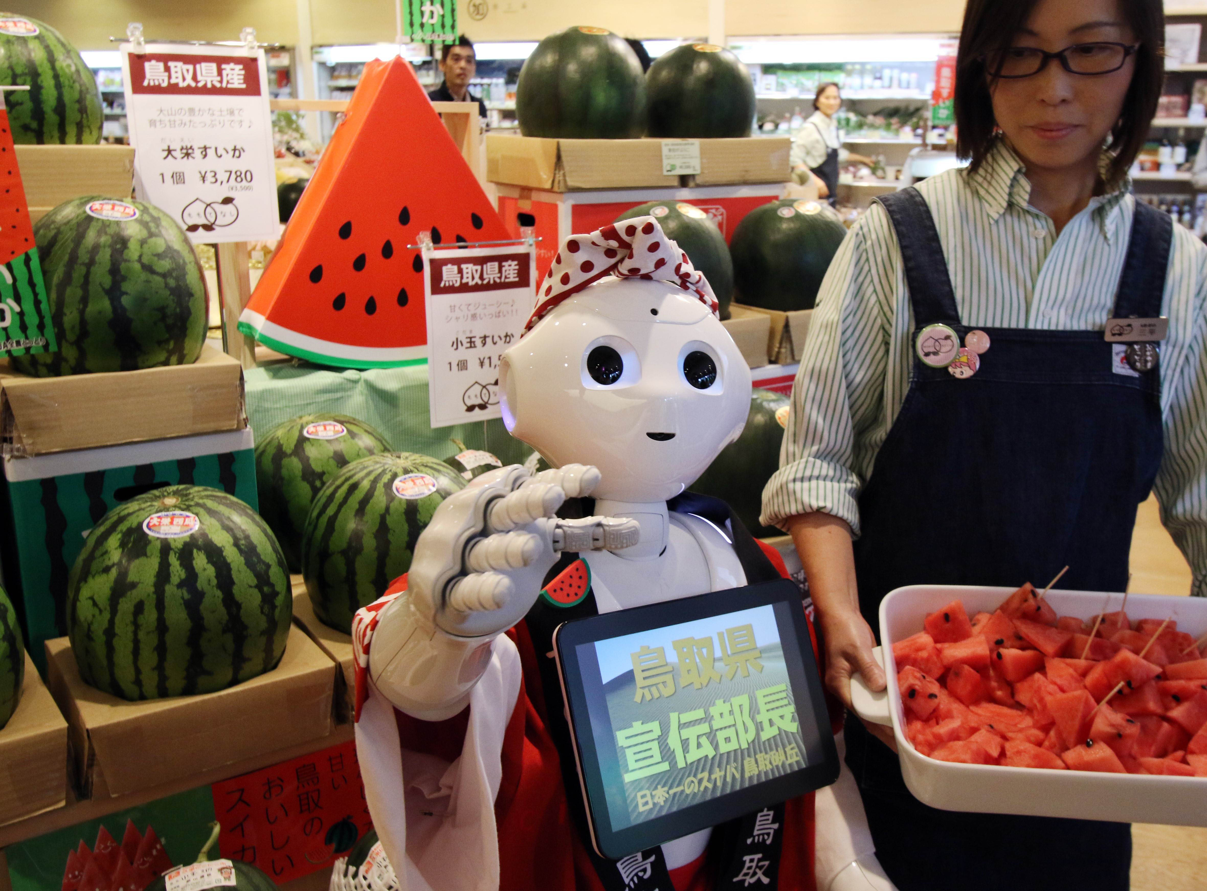 SoftBank's humanoid robot Pepper helps promote watermelons from Tottori Prefecture, at a shop offering local produce Wednesday in Tokyo. Pepper can be hired for sales promotions for &#165;1,500 an hour from SoftBank's robotics subsidiary. | AFP-JIJI