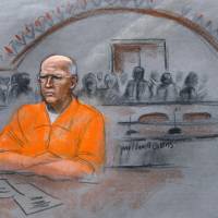 In this courtroom sketch, James “Whitey” Bulger sits at his sentencing hearing in federal court in Boston on Nov. 13, 2013. Bulger was convicted in August in a broad indictment that included racketeering charges in a string of murders in the 1970s and ’80s, as well as extortion, money-laundering and weapons charges. A federal appeals court in Boston is set to hear arguments Monday on Bulger’s bid to overturn his racketeering convictions. Bulger will not be present for the proceedings. Appeals court set to weigh new trial bid of Boston ex-mob boss Bulger, 85