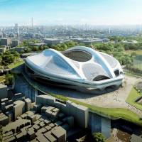 An artist\'s rendition shows architect Zaha Hadid\'s design for the new National Stadium for the 2020 Olympic Games in Tokyo. It was reported on Wednesday that the Japanese bureaucrat heading the construction of the 2020 Olympic stadium is quitting his post after Tokyo ordered design plans for the venue to be ditched amid public anger over its $2 billion price tag. | AFP-JIJI