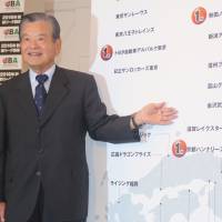 JBA president Saburo Kawabuchi unveils the first wave of teams who will play in the JPBL when the first season tips off in 2016-17 at a news conference on Thursday in Tokyo. | KAZ NAGATSUKA