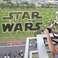 Rice paddy art in Inakadate, Aomori Prefecture, features \"Star Wars\" characters C-3PO and R2-D2. The tourist attraction was planted by schoolchildren using 11 rice varieties in seven different colors. | KYODO