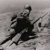 Tsuguichi Koyanagi\'s \"Patrol: Climbing Rocky Cliff, with Rising Sun Flag Attached to Indicate Affiliation to Friendly Forces\" (1938) | NATIONAL MEMORIAL MUSEUM FOR PEACE COLLECTION