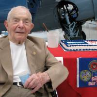 Retired Brig. Gen. Frederick “Fritz” Payne of Palm Desert, California, the oldest living fighter ace, celebrates his 100th birthday at the Palm Springs Air Museum in 2011. Payne, a World War II flying ace who shot down six Japanese warplanes during the Battle of Guadalcanal, has died at age 104. Marine fighter ace 'Fritz' Payne dies at 104, fought over Guadalcanal