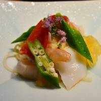 Multicolored mountain: Gion Sasaki’s udon salad includes fresh shrimp, jellyfish, squid and okra, and is prepared right on the countertop. Gion Sasaki