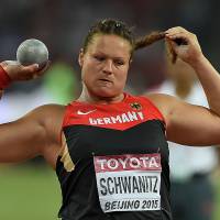 Germany\'s Christina Schwanitz competes in the women\'s shot put final during the IAAF World Championships at the Bird\'s Nest in Beijing on Saturday. | AFP-JIJI