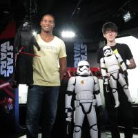 Actor Dante Carver and YouTuber Einshine introduce new Star Wars goods at the YouTube Studio in Tokyo. | KAZUAKI NAGATA