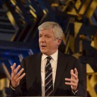 BBC Director-General Tony Hall makes a speech at the Science Museum in London on Monday. Hall announced that the BBC is considering launching shortwave radio broadcasts to North Korea for the first time. | REUTERS