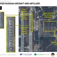 An Airbus Defence and Space satellite image courtesy of Stratfor, a geopolitical intelligence and advisory firm in Austin, Texas, shows at least 16 Russian combat aircraft stationed at the Bassel al Assad air base near the Syrian town of Latakia Sunday. Russia has started flying drone aircraft on surveillance missions in Syria, U.S. officials said on Monday, in what appeared to be Moscow\'s first military air operations inside the country since staging a rapid buildup at a Syrian air base. | REUTERS / WWW.STRATFOR.COM / AIRBUS DEFENSE AND SPACE / HANDOUT VIA REUTERS