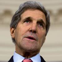 U.S. Secretary of State John Kerry speaks to the press at the State Department on Feb. 26. Kerry raised U.S. concerns about reports of \"an imminent enhanced Russian military buildup\" in Syria, in a phone call on Saturday to his counterpart in Moscow, Sergei Lavrov. | AFP-JIJI