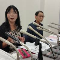 Lawyer Kazuko Ito (left) and Setsuko Miyamoto welcome as \"groundbreaking\" a recent Tokyo court ruling that declared making individuals appear in porn movies against their will is illegal, during a news conference in Tokyo on Tuesday. | TOMOHIRO OSAKI