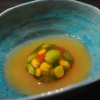 Song to summer: Lunch at Kyokabutoya opened with a collection of sweet corn kernels, okra, edamame and tomato held together with jellied dashi. | J.J. O\'DONOGHUE
