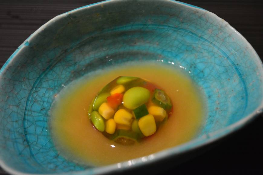 Kyokabutoya Song to summer: Lunch at Kyokabutoya opened with a collection of sweet corn kernels, okra, edamame and tomato held together with jellied dashi. | J.J. O'DONOGHUE