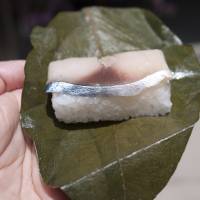 <em>Kakinohazushi</em> is topped with cured mackerel and wrapped in a persimmon leaf. | MAKIKO ITOH
