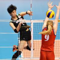 Miyu Nagaoka spikes the ball during Japan\'s defeat to Serbia at the FIVB Women\'s World Cup in Sendai on Tuesday. | KYODO