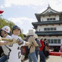 People pull a rope attached to iron frames shoring up Hirosaki Castle in Aomori Prefecture on Sunday at an event to let visitors experience the technique of moving a building for renovation without having to dismantle it. The project began earlier this month in order to renovate the castle\'s stone walls. | KYODO