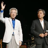 Former Prime Ministers Junichiro Koizumi and Morihiro Hosokawa appear on stage during a September 2014 rock festival in Tokyo aimed at raising public awareness of the danger of pursuing nuclear energy. | REUTERS / CSIS ASIA MARITIME TRANSPARENCY INITIATIVE / DIGITALGLOBE / HANDOUT VIA REUTERS