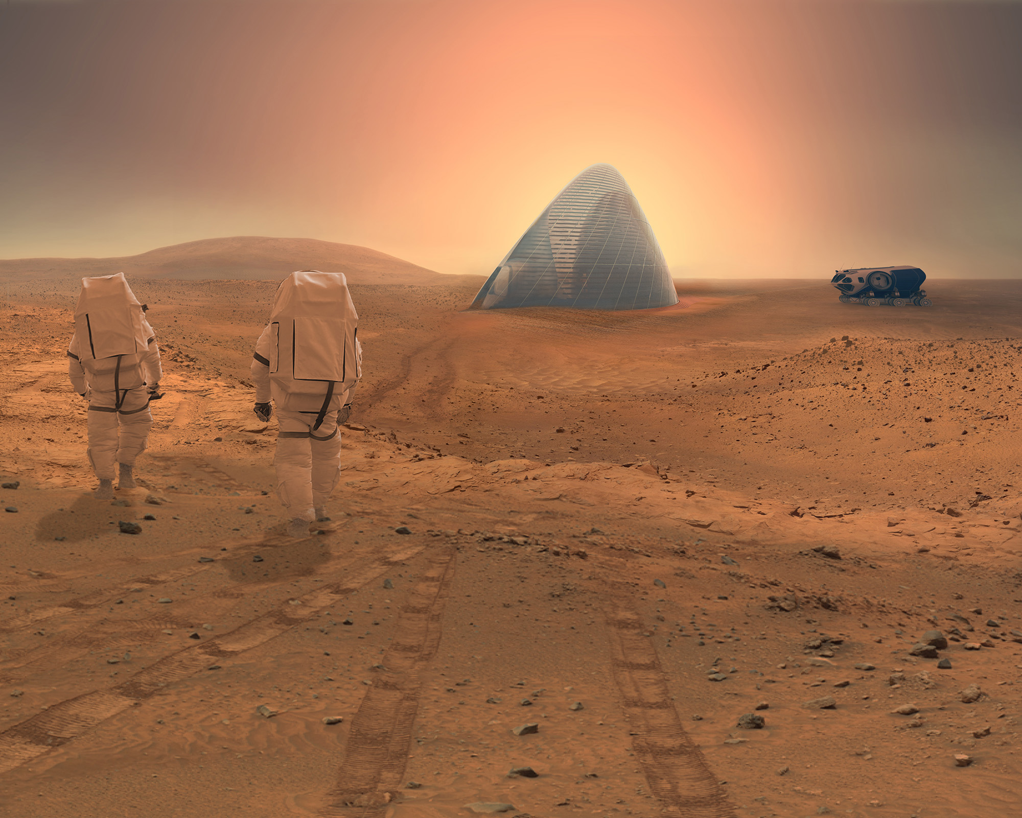 In this image, astronauts walk on the surface of Mars toward Mars Ice House, a 3-D printed multilayered igloo that won NASA's 3-D Printed Habitat Challenge in late September. | CLOUDS AO / SEARCH