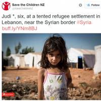 Photographer Jonathan Hyams\' shot of a Syrian refugee appears in a Twitter post by Save the Children NZ. It was used as the basis for a provocative illustration by artist Toshiko Hasumi, which was later withdrawn. | AP