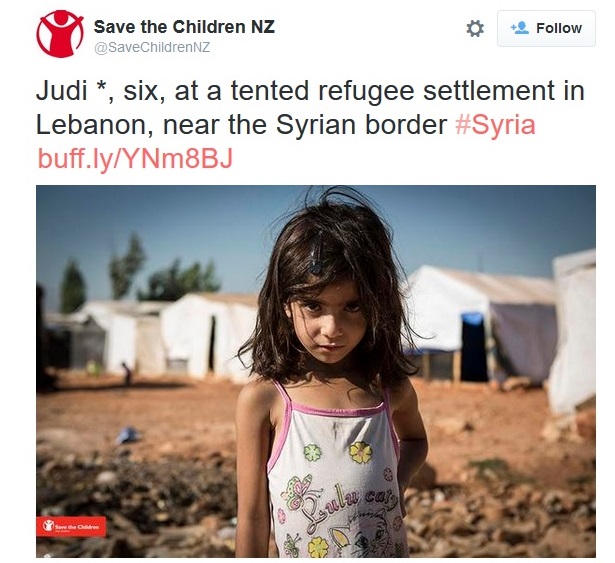 Photographer Jonathan Hyams' shot of a Syrian refugee appears in a Twitter post by Save the Children NZ. It was used as the basis for a provocative illustration by artist Toshiko Hasumi, which was later withdrawn. | AP