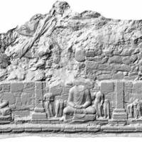 An image taken at the Taxila ruins in the Pakistani province of Punjab is shown below a 3-D image of one of the antiquities. | JAPANESE CENTRE FOR SOUTH ASIAN CULTURAL HERITAGE/KYODO