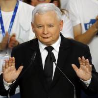 Jaroslaw Kaczynski, leader of the Law and Justice party, addresses a crowd in Warsaw on Oct. 25. | REUTERS