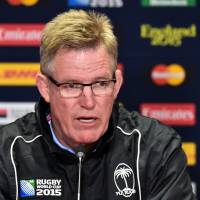 Fiji coach John McKee speaks during a news conference on Sept. 30, in Cardiff, Wales. | AFP-JIJI