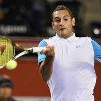 Nick Kyrgios of Australia plays a shot during the Japan Open at Ariake Colosseum last week. | AFP-JIJI