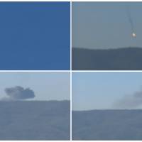 A combination picture taken from video shows a warplane, believed to be Russian, crashing in flames in a mountainous area in northern Syria after it was shot down by Turkish fighter jets near the Turkish-Syrian border Tuesday. | REUTERS