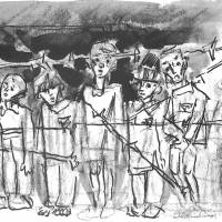 A drawing by Mieczyslaw Koscielniak, titled \"Children Behind Wire,\" depicts internees at the Auschwitz-Birkenau concentration camp, where Koscielniak was held between 1941 and 1945. | COURTESY OF MICHIKO NOMURA