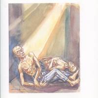 \"The Dying Father Kolbe,\" a watercolor by Mieczyslaw Koscielniak, portrays fellow inmate Catholic priest Maximilian Kolbe, who gave his life when Nazi officers picked another inmate to die of starvation as a form of collective punishment. | COURTESY OF MICHIKO NOMURA