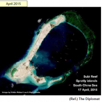 Two photos, one provided by IHS Jane\'s (left) and the other by The Diplomat, show Subi Reef in the South China Sea in January and April this year. United States guided-missile destroyer USS Lassen sailed within 12 nautical miles of the reef last week. | DEFENSE MINISTRY WEBSITE