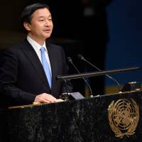 Crown Prince Naruhito speaks on the floor of the General Assembly Hall at the Special Thematic Session on Water and Disaster on Wednesday at the United Nations in New York. | AFP-JIJI