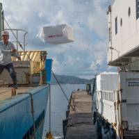 Stevedores unload boxes that will be used as containers for the night’s squid catch. | STEPHEN MANSFIELD