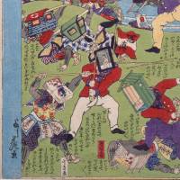Battle of the arts: A detail of Utagawa Yoshifuji\'s \"Enlightenment and the Destruction of the Old Ways Compared, Photography vs. Ukiyoe-print\" (1882) | EDO-TOKYO MUSEUM COLLECTION