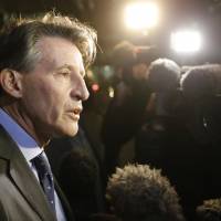 IAAF president Sebastian Coe gives a statement to reporters outside his office in London earlier this month. | AP