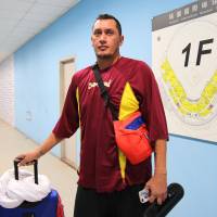 Venezuela pitcher Freddy Garcia stops in the mixed zone after his team\'s 6-5 loss to Japan at the Premier 12 in Taoyuan, Taiwan, on Sunday. | KAZ NAGATSUKA