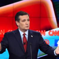 Republican presidential candidate Texas Sen. Ted Cruz gestures during the Republican Presidential Debate, hosted by CNN, at The Venetian Las Vegas on Tuesday in Las Vegas. | AFP-JIJI