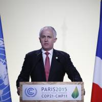 Australia\'s Prime Minister Malcolm Turnbull delivers his statement at the United Nations Climate Change Conference in Le Bourget, France, outside Paris, on Nov. 30. | AP
