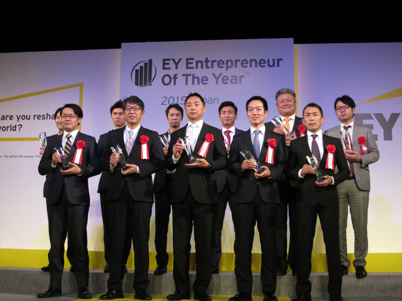 Candidates for the Challenging Spirit award at the EY Entrepreneur Of the Year event take the stage at the Imperial Hotel in Tokyo on Nov. 24. | KAZUAKI NAGATA